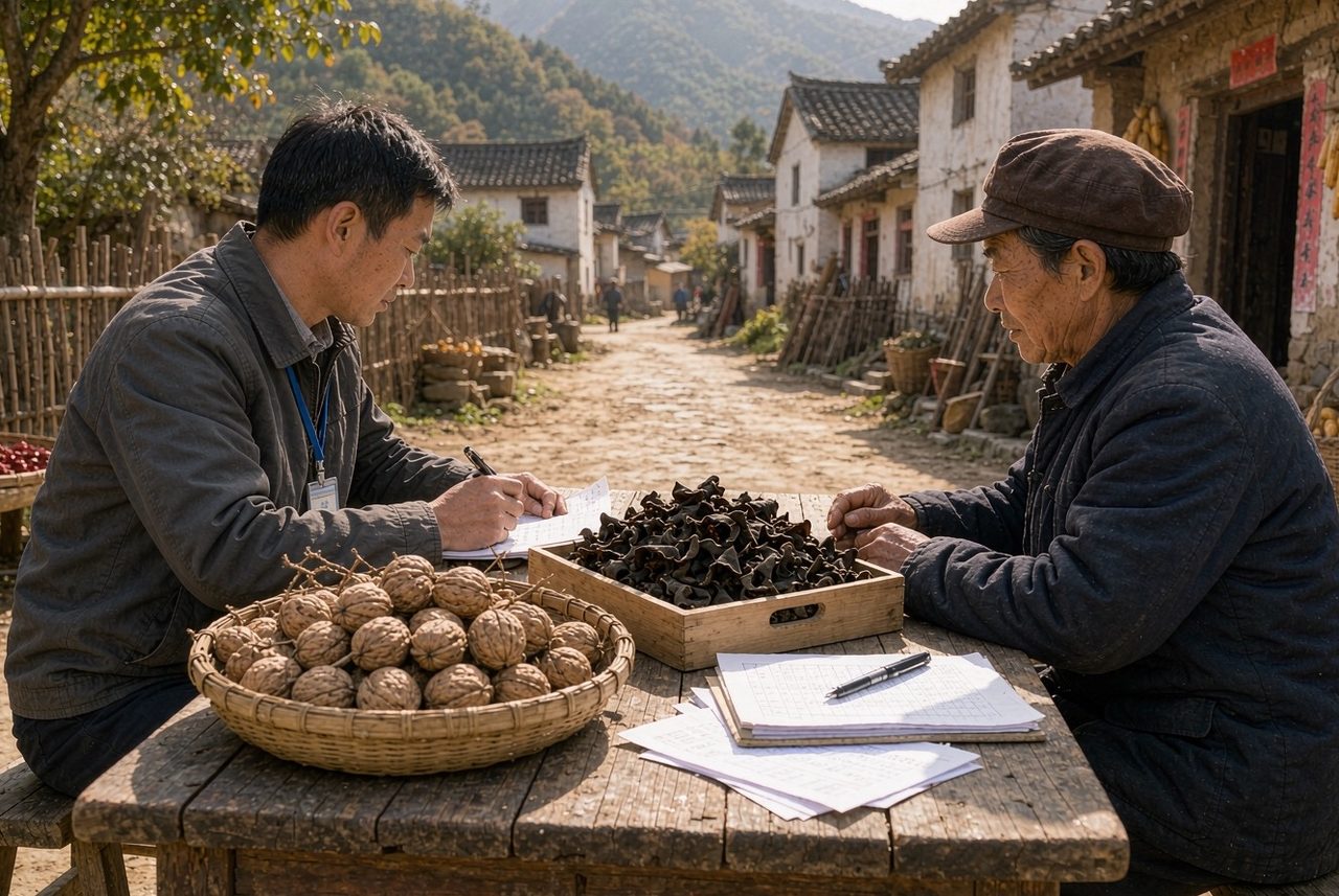 公司与农户在村口交接农产品